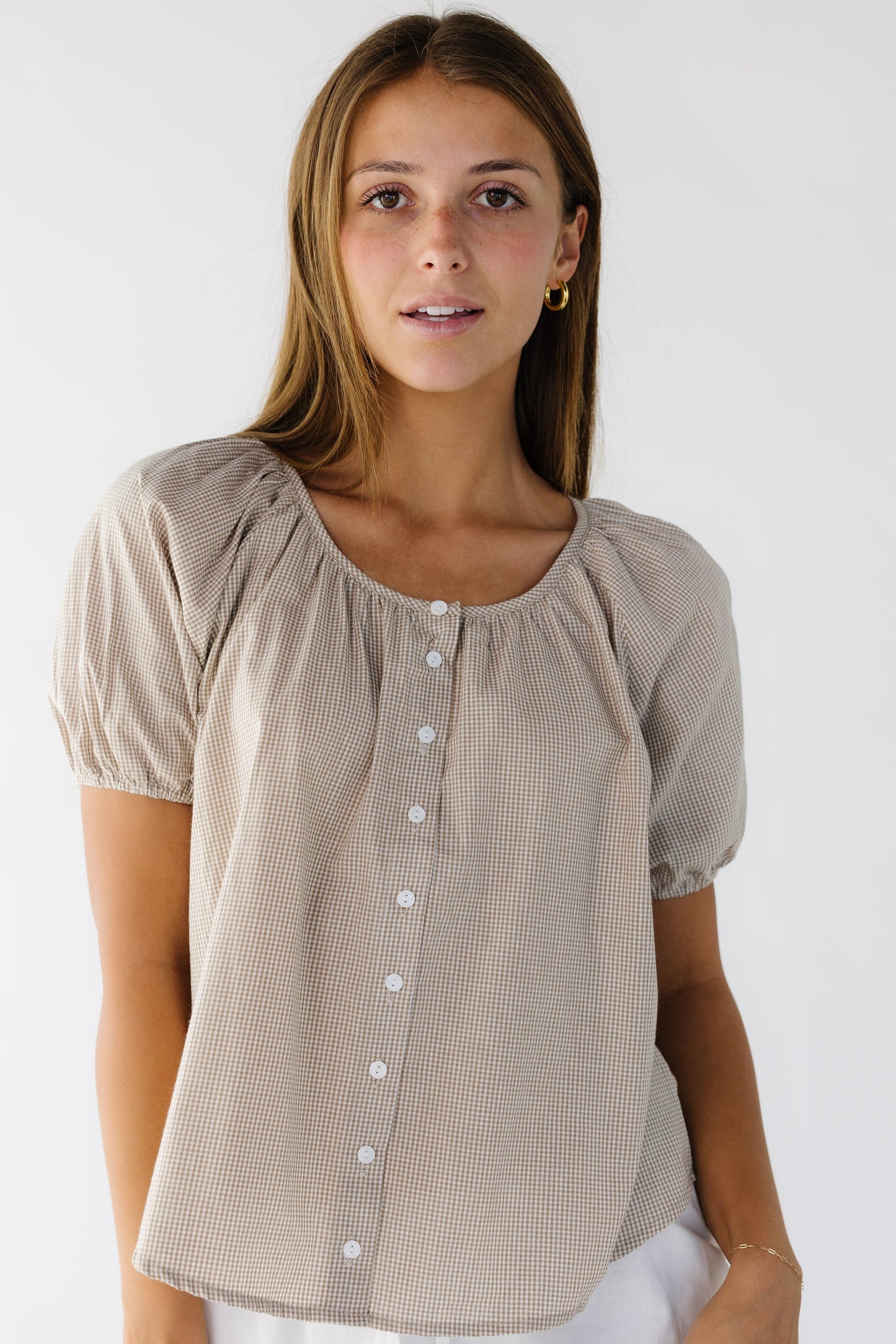 Brass & Roe Bree Textured Top in brown gingham for women and teen girls.