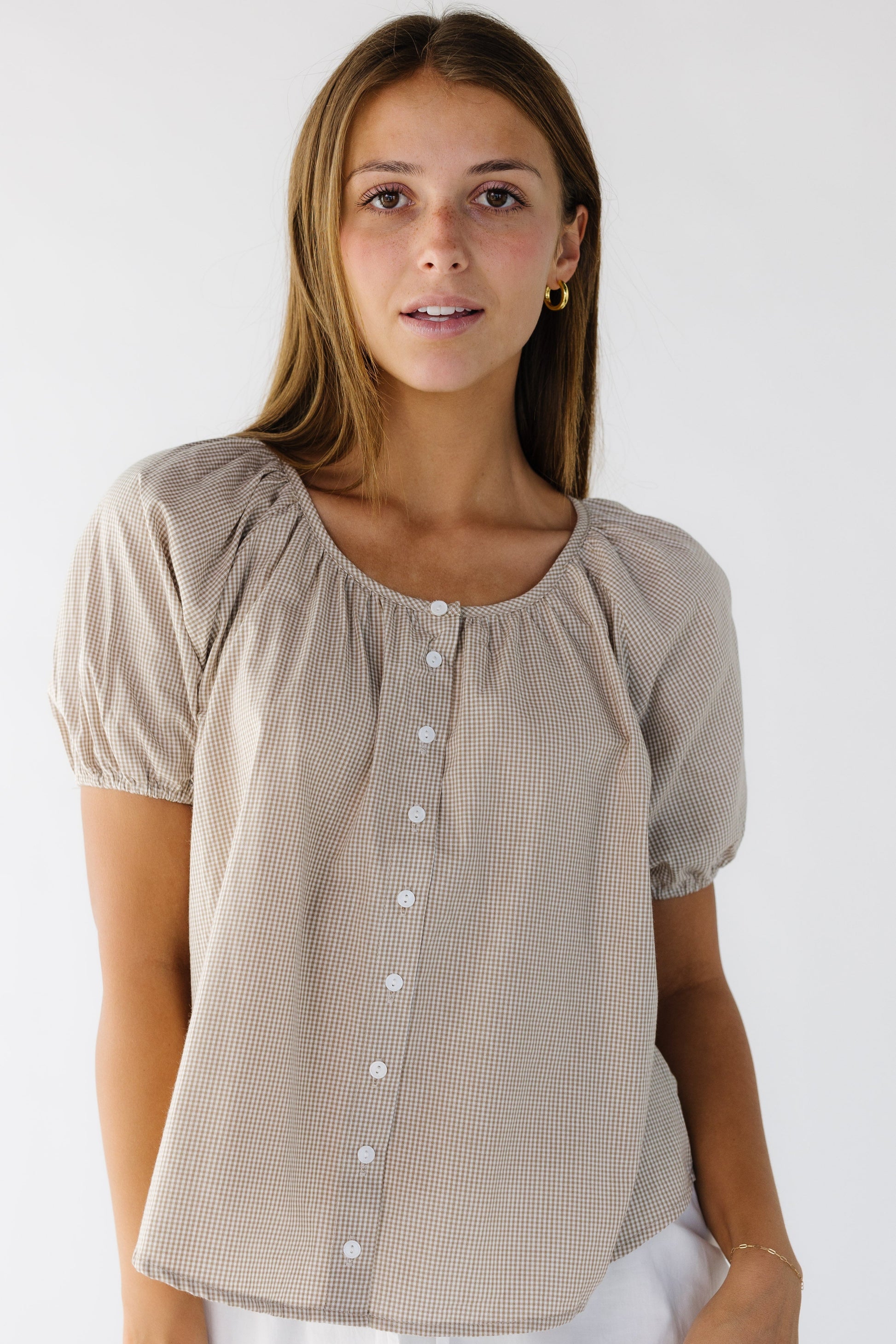 Brass & Roe Bree Textured Top in brown gingham for women and teen girls.