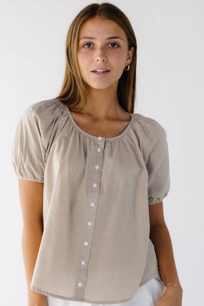 Brass & Roe Bree Textured Top in brown gingham for women and teen girls.