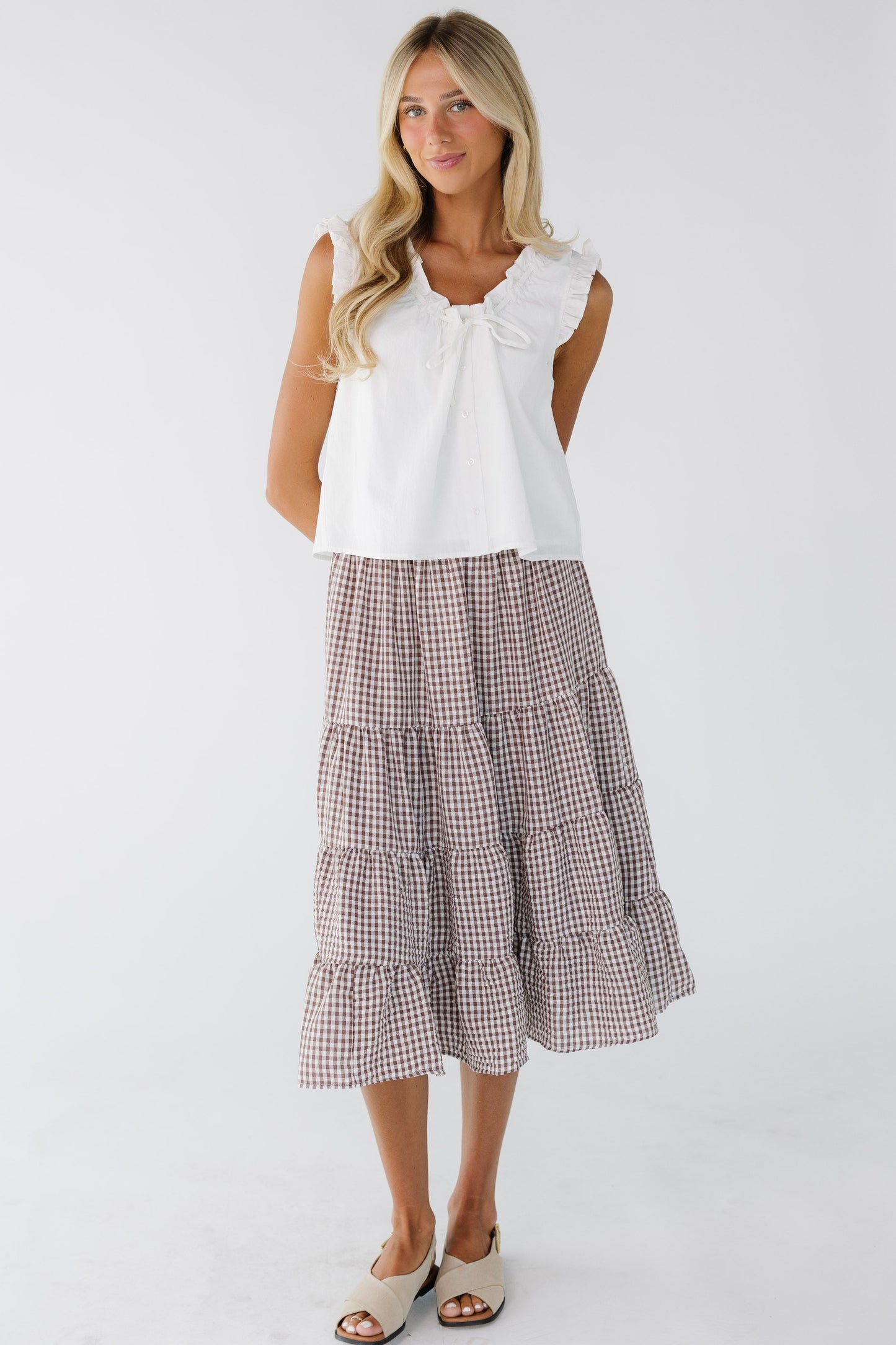 Brass & Roe Gingham Tiered Skirt in brown & white gingham for women and teenage girls.