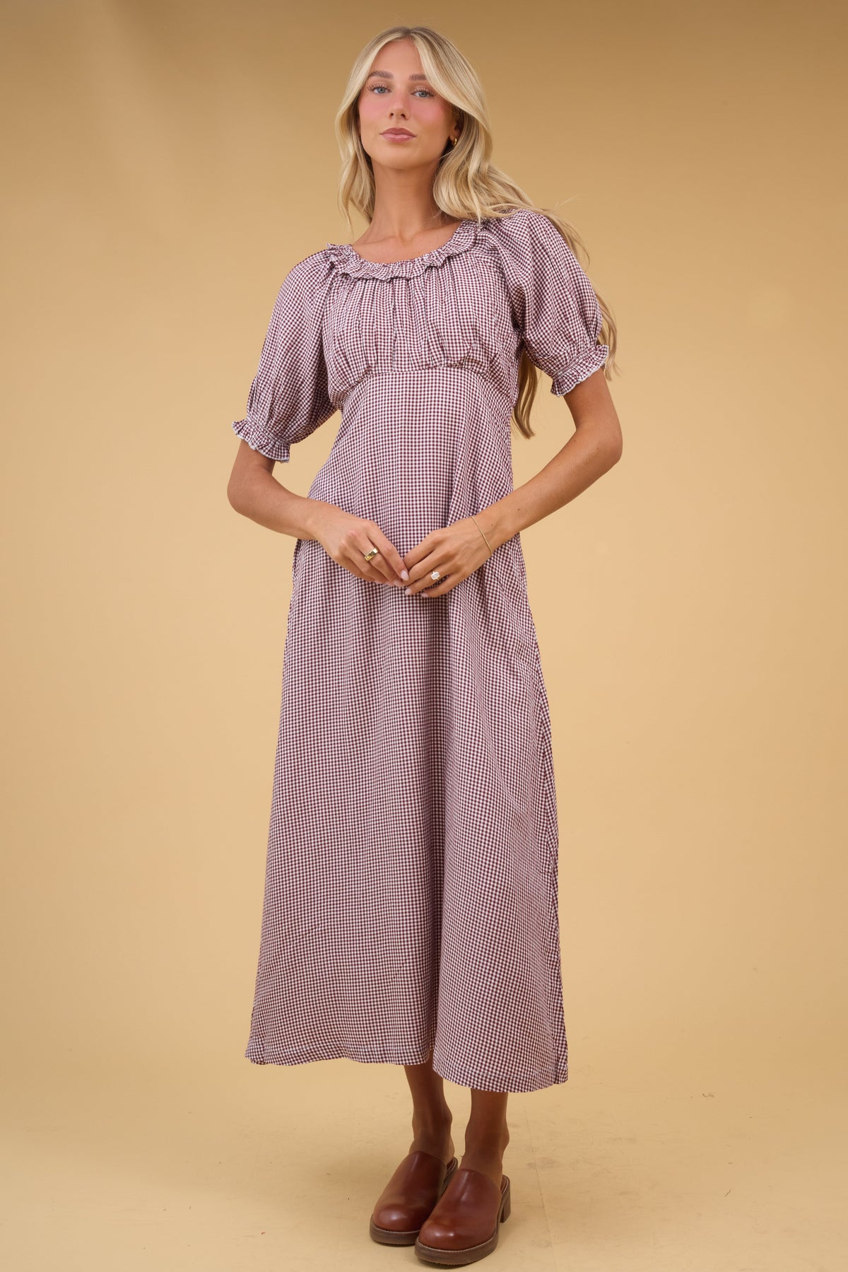 Citrus Vera Ruffle Dress in brown gingham for women and teen girls.