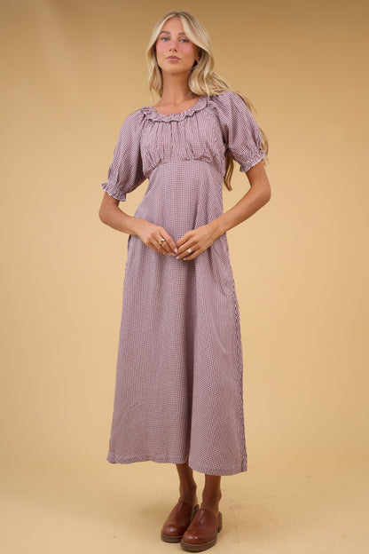 Citrus Vera Ruffle Dress in brown gingham for women and teen girls.