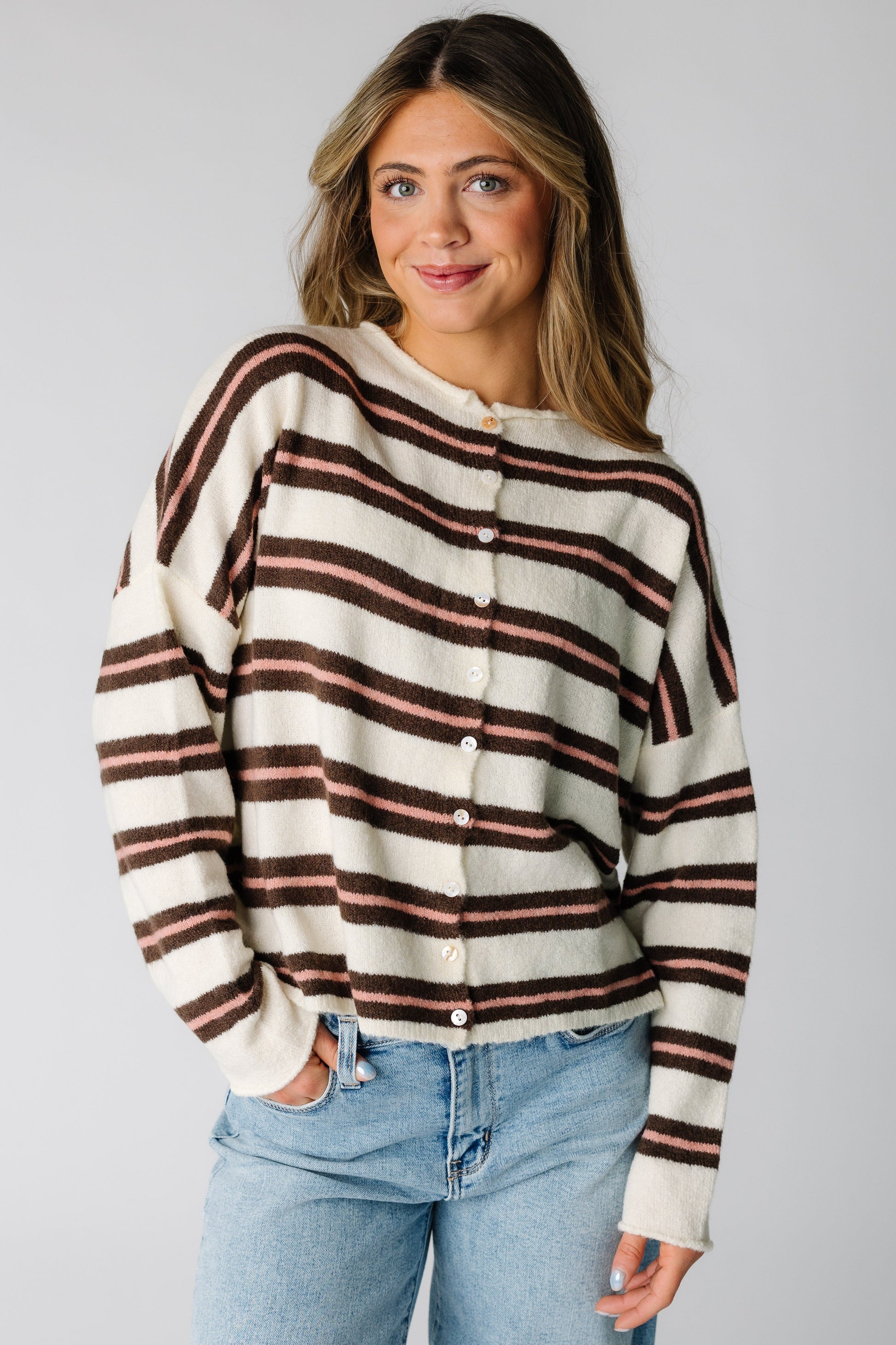Aria Wide Stripe Cardigan in ivory, brown and mauve stripe for women and teens.