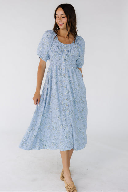 Brass & Roe Nora Button Down Dress in blue floral print for women and teen girls.