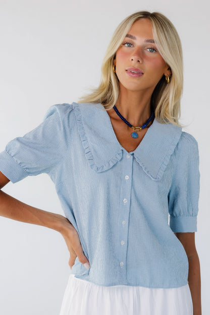 Brass & Roe Gingham Collared Blouse in light blue for women and teen girls.