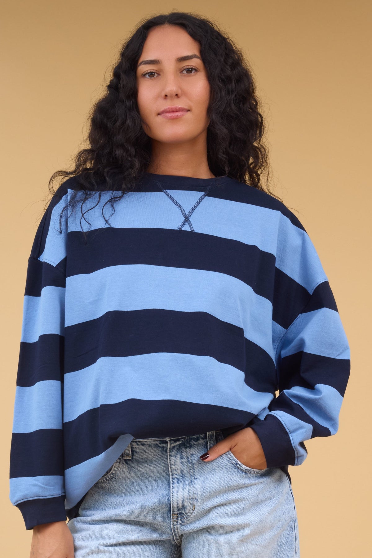 Brass & Roe Oversized Wide Stripe Top in navy & light blue wide stripe for women and teen girls.