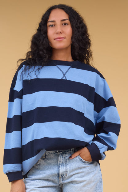 Brass & Roe Oversized Wide Stripe Top in navy & light blue wide stripe for women and teen girls.