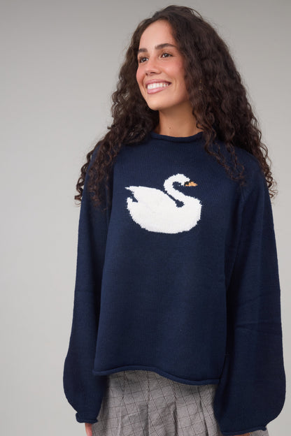 The Swan Sweater in navy for women and teen girls.