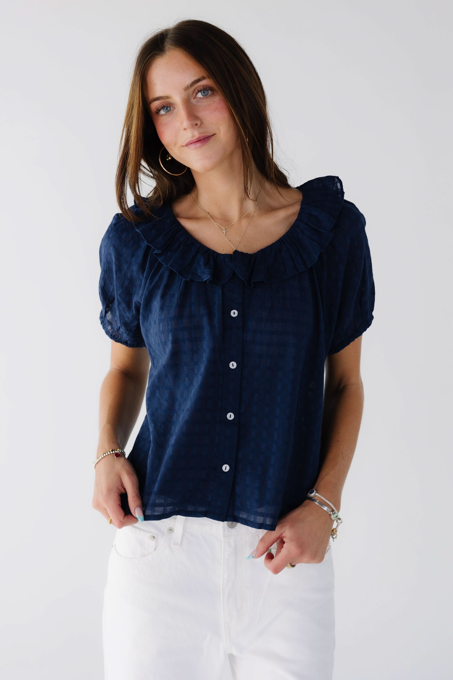 Citrus Collar Top in navy for woman and teenage girls.