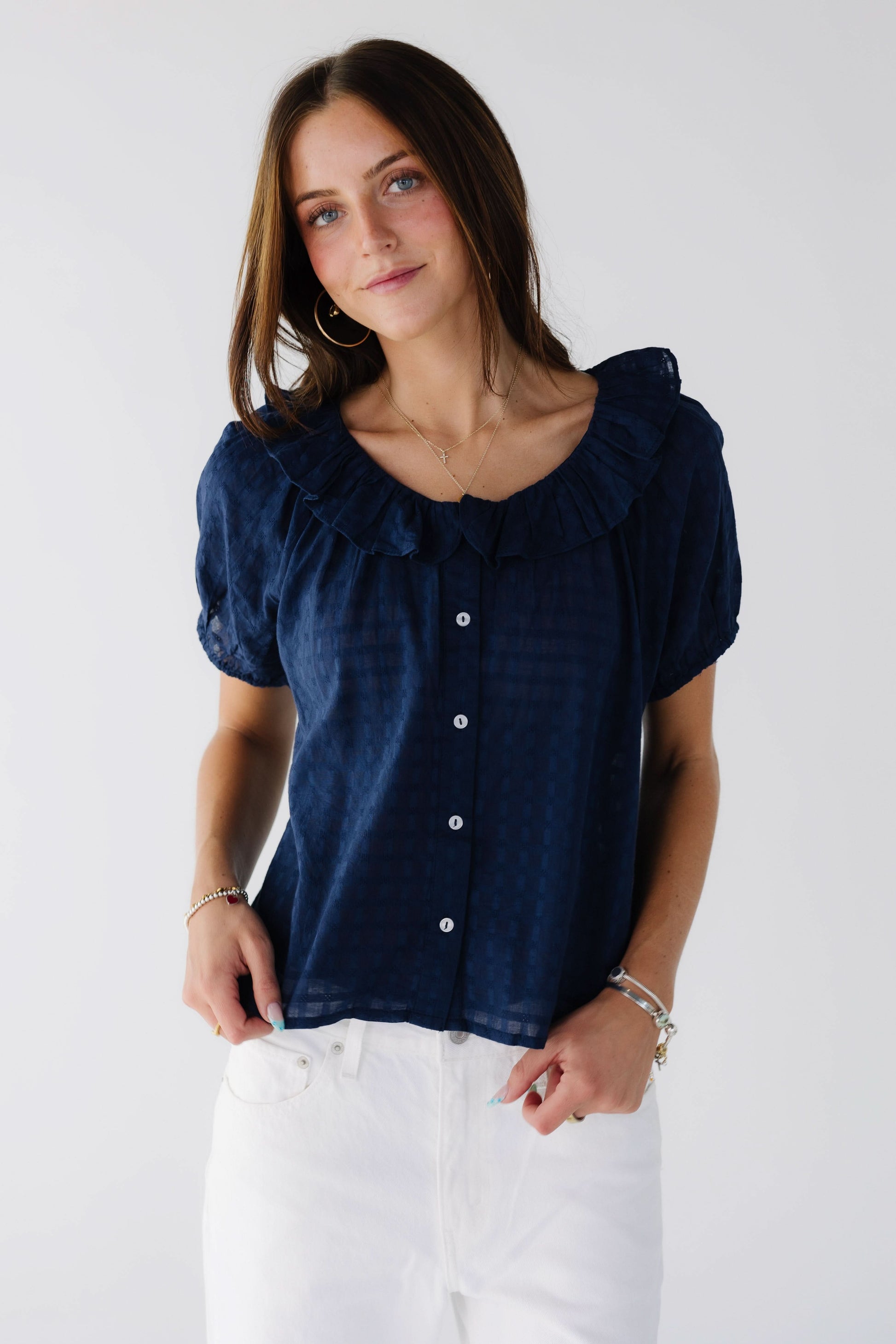 Citrus Collar Top in navy for woman and teenage girls.