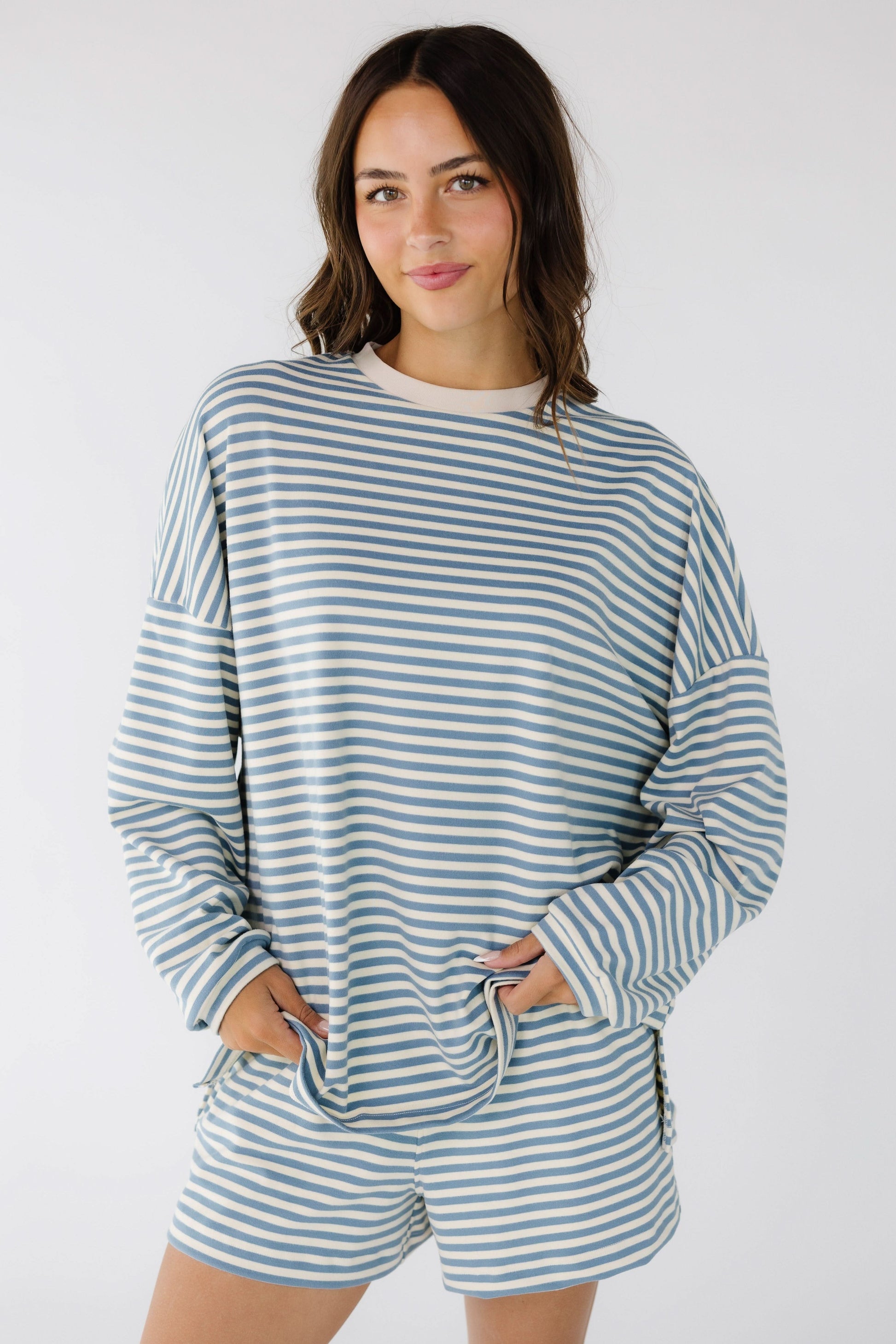 Cutie Everyday Shorts Set in cream & blue stripe for women & teenage girls.