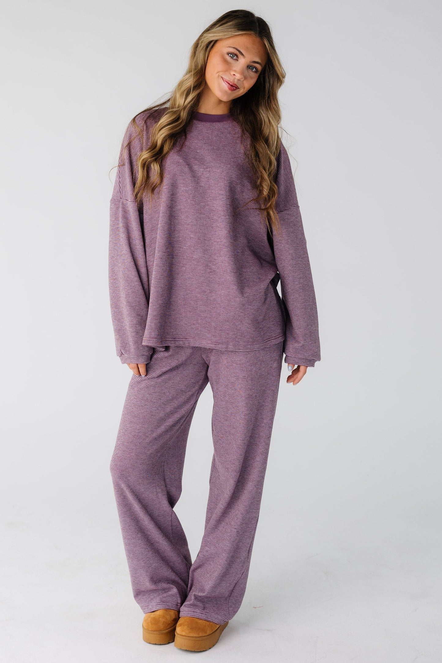 Cutie Everyday Stripe Spring Set in purple berry stripe for women and teens.