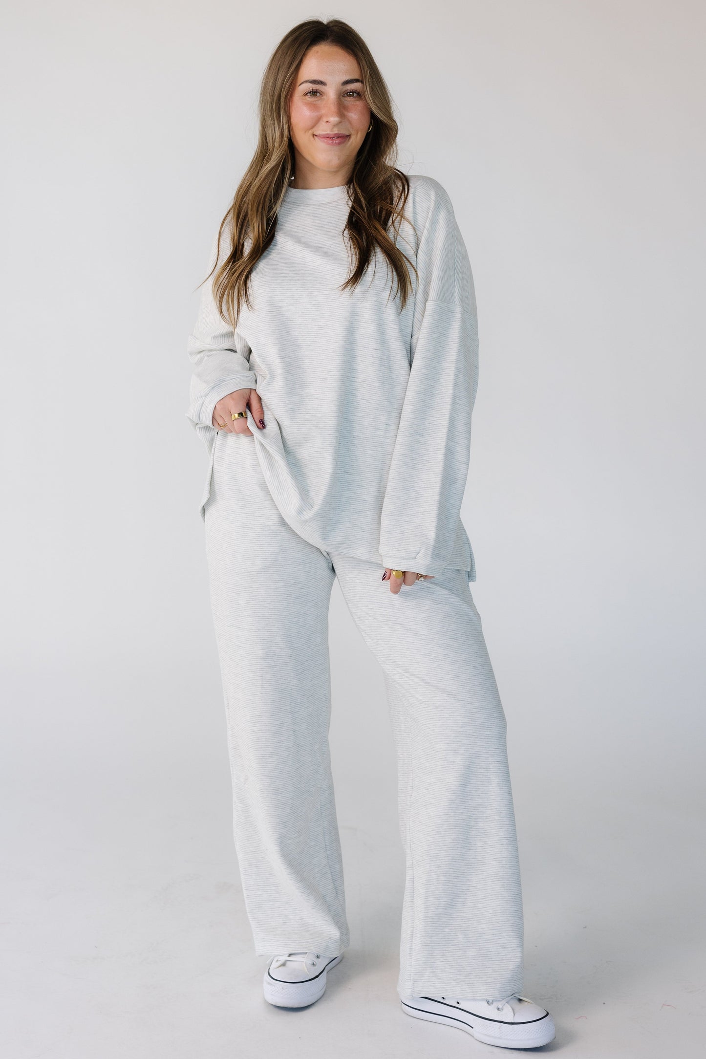 Cutie Petite Everyday Stripe Set in light heather grey for women and teens.