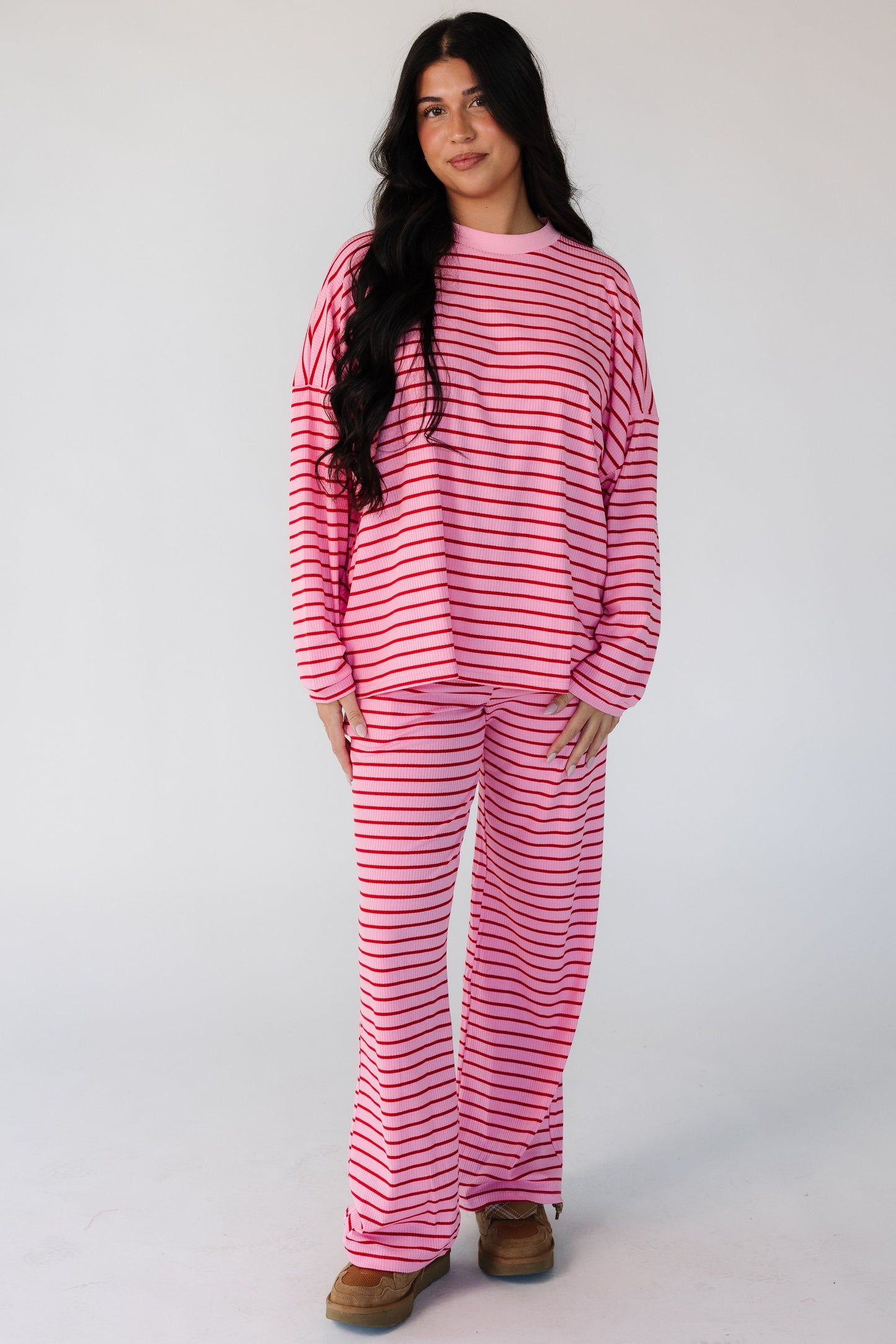 Cutie Everyday Lover Stripe Set in pink with red stripes for women and teens.