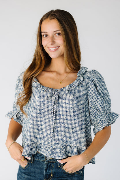 Brass & Roe Collar Print Blouse in blue for women and teens