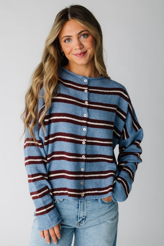 Aria Wide Stripe Cardigan in a blue with burgundy and white stripes for women and teens.