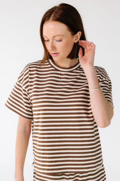 Striped Short Sleeve Tee Shirt in brown and cream for women and teens.