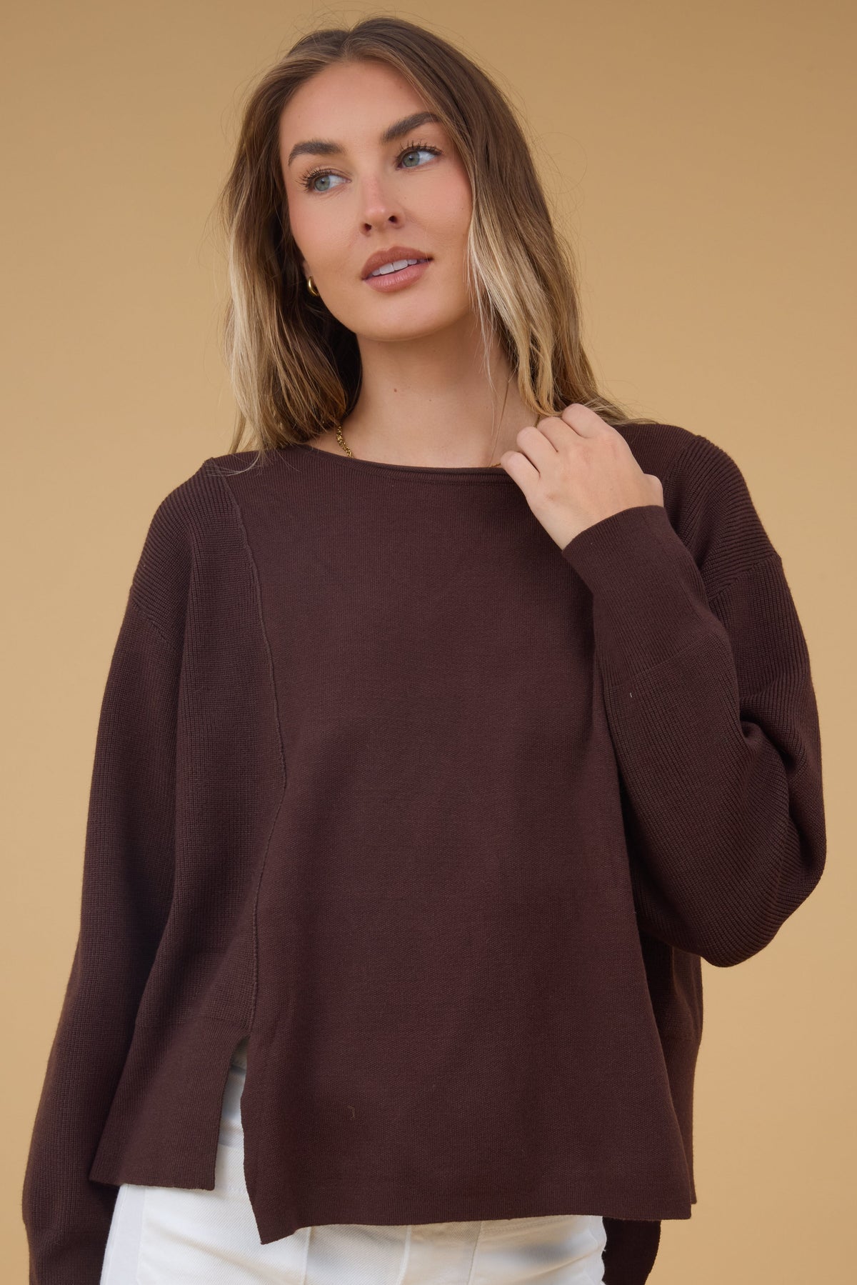 Boatneck Sweater in brown for women and teen girls.