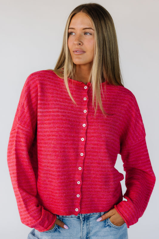 Aria New Stripe Cardigan in cherry red for women and teens.
