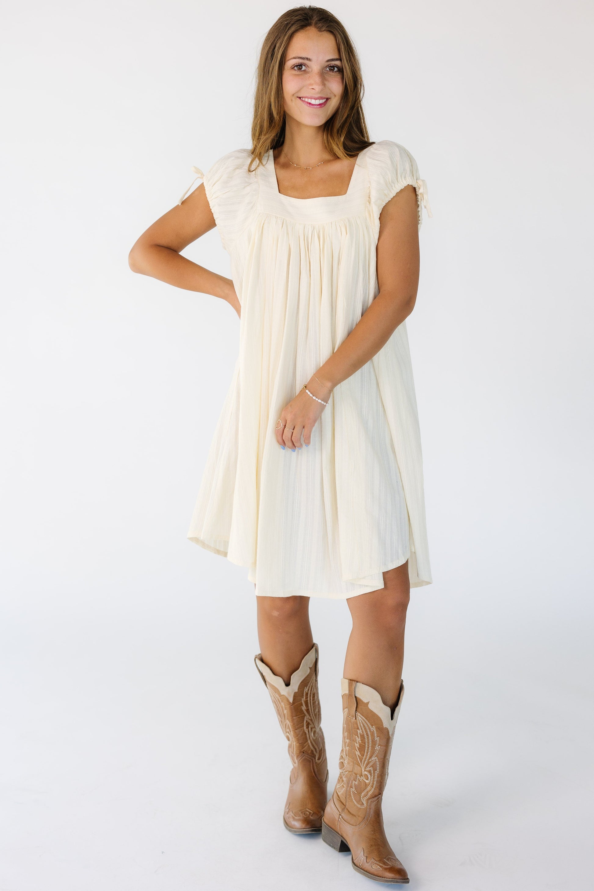 Brass & Roe Tali Textured Knee Dress - Ivory / XS Brass & Roe Tali Textured Knee Dress - Ivory / XS