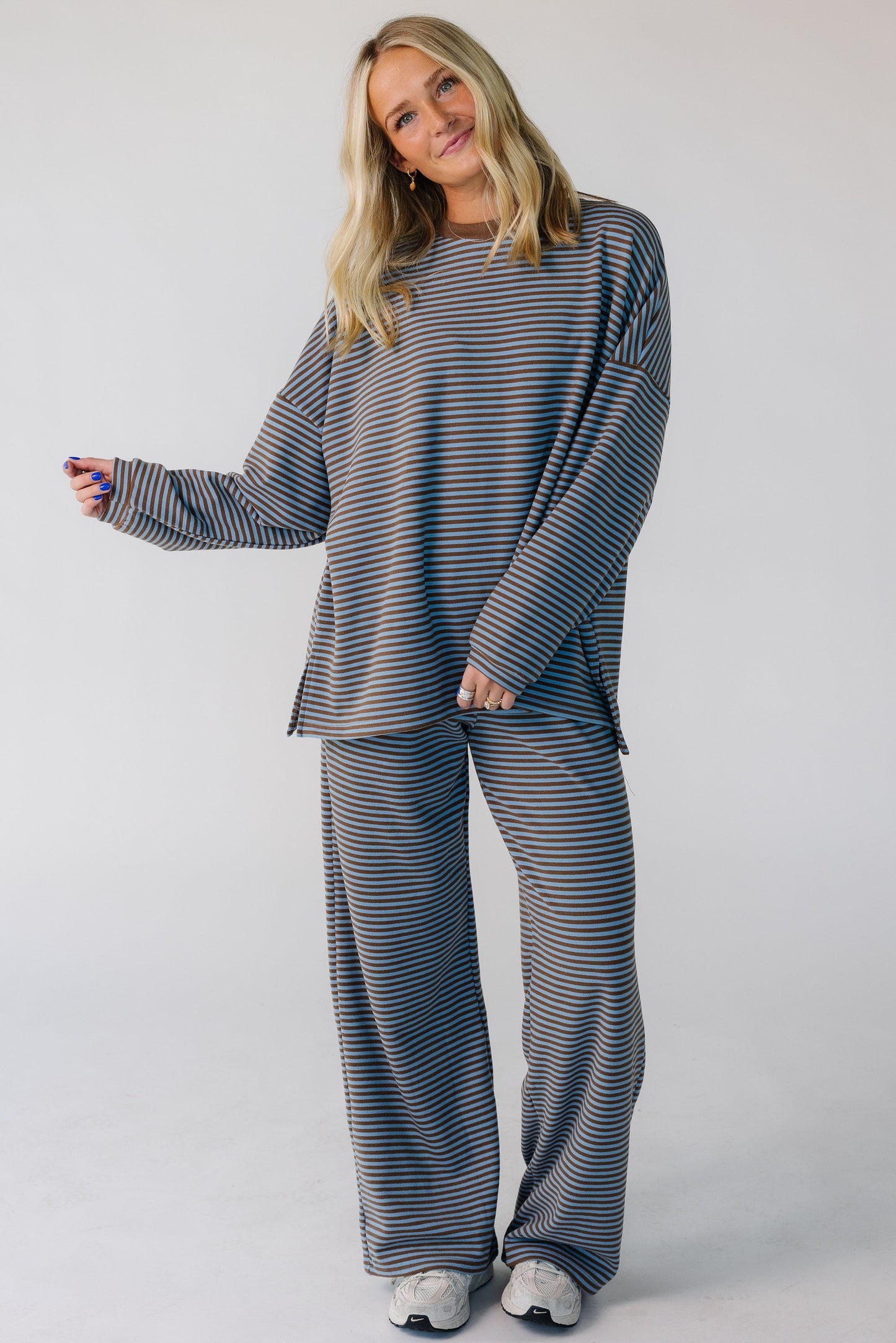 Cutie Everyday Stripe Spring Set in light blue and brown stripe for women and teens.