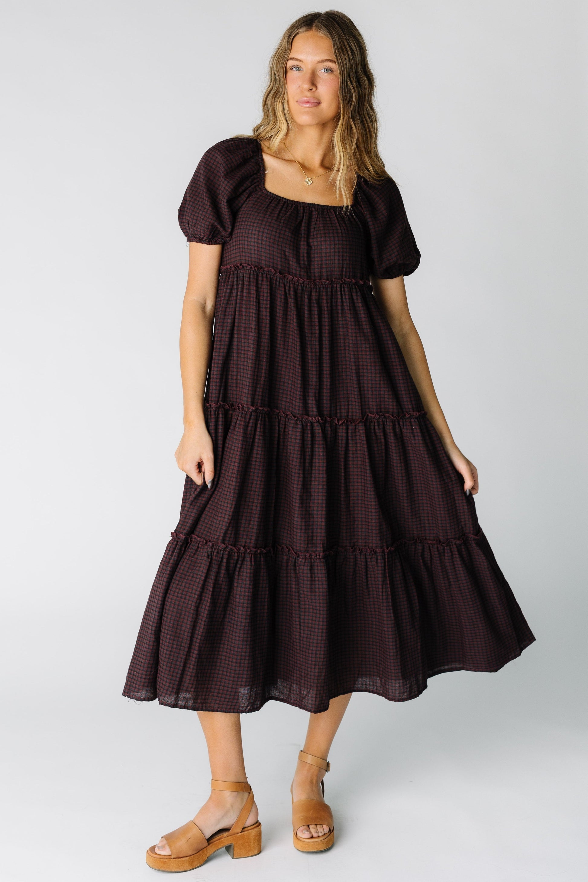 Brass & Roe Charity Tiered Midi Dress - Gingham WOMEN'S DRESS brass & roe Navy/Burgundy/Black XS 