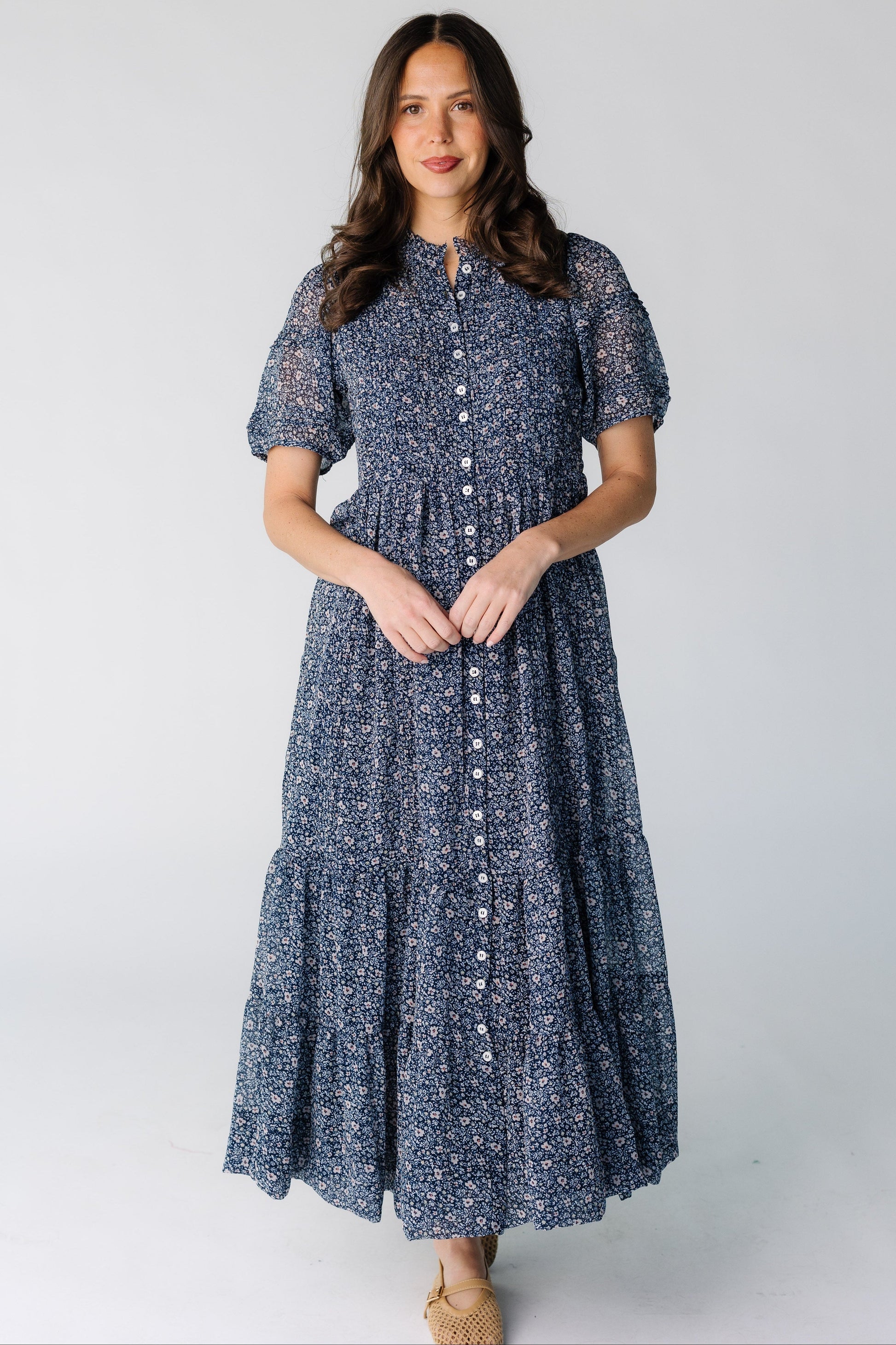 women's floral chiffon dresses WEDTREND Women Blue Floral Bridesmaid Dress A-Line Lace-Up Back Floor Length Chiffon Dress with Shoulder Bows, Blue Flower / US14