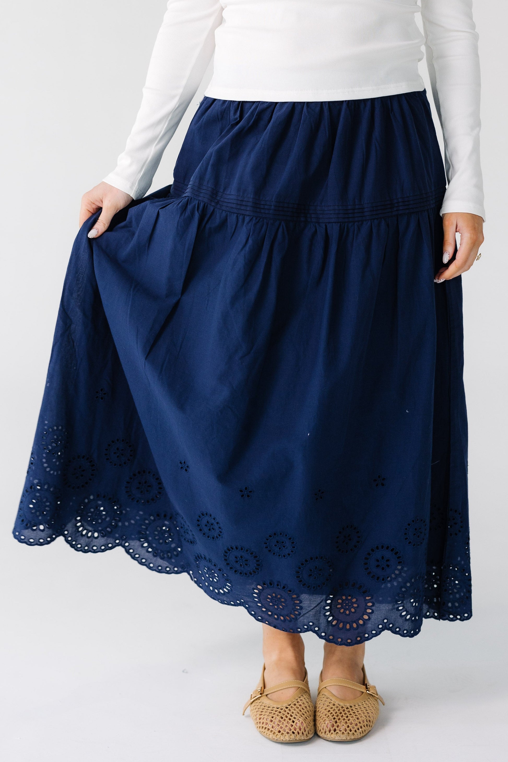 Brass & Roe Melanie Eyelet Midi Skirt in navy for women and teens.