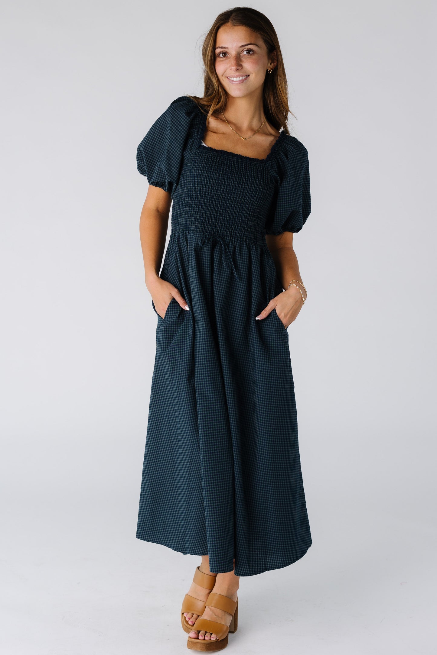 Brass & Roe Margot Square Neck Dress in navy gingham for women and teens