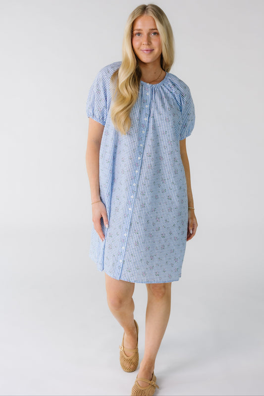 Brass & Roe Bree Printed Knee Dress in blue gingham with pink floral print for women and teens.