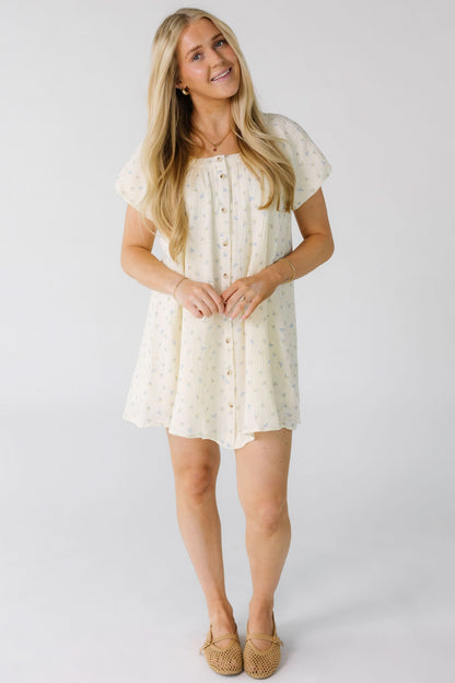 Brass & Roe Ellie Gauze Spring Dress in cream with blue print for women and teens.