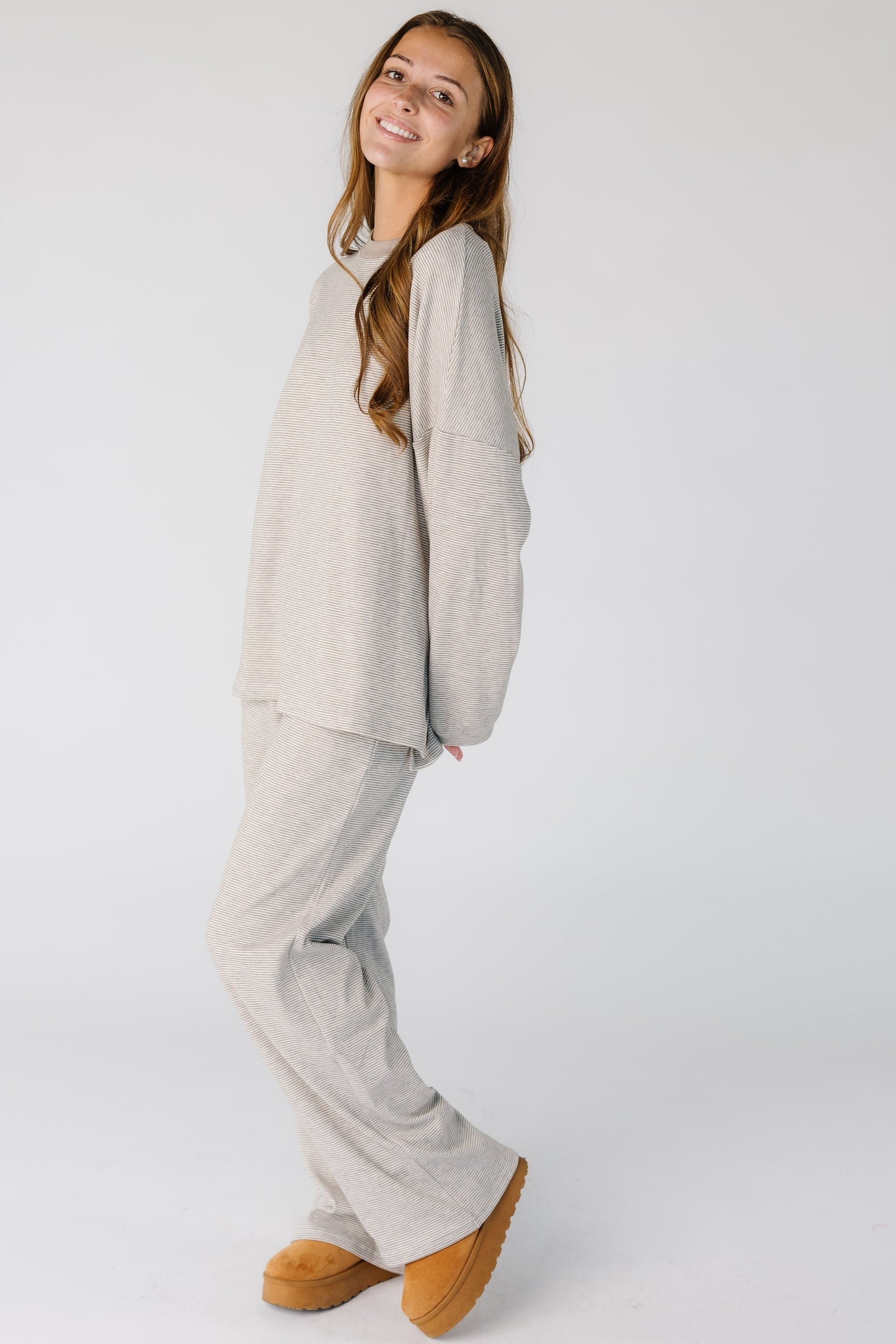 Cutie Everyday Stripe Spring Set in taupe stripe for women and teens.