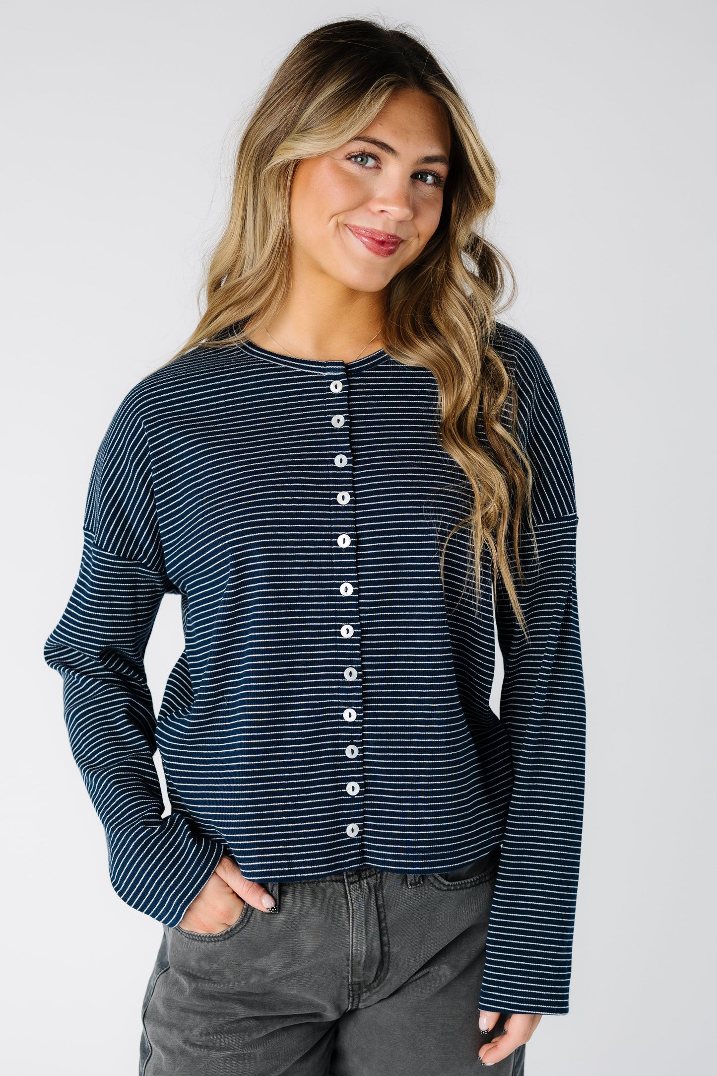 Highlight Ribbed Cardigan in navy stripe for women and teens