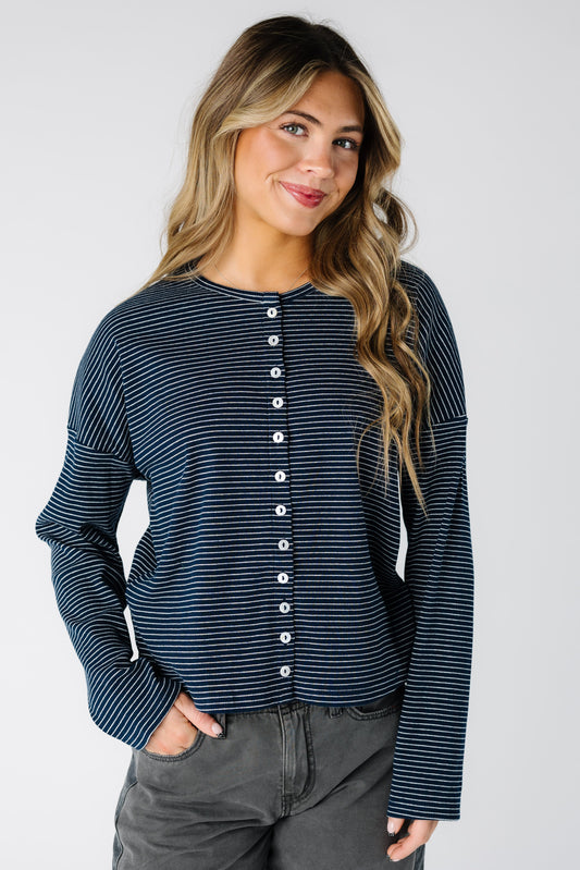 Highlight Ribbed Cardigan in navy stripe for women and teens