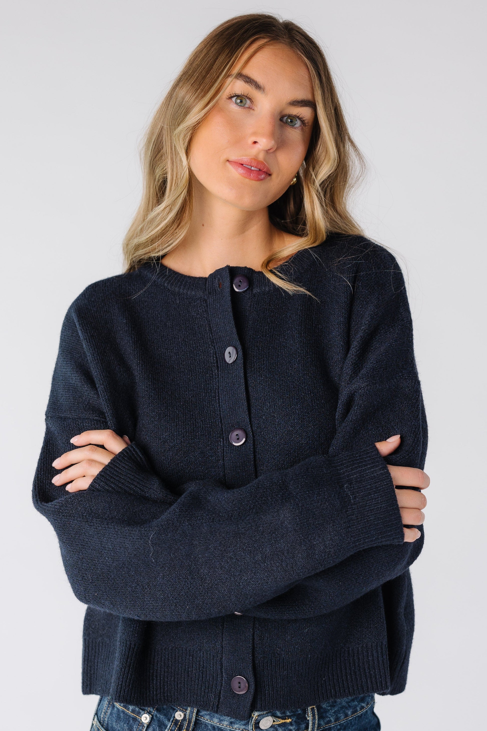 Modest women's navy cardigan with long sleeves