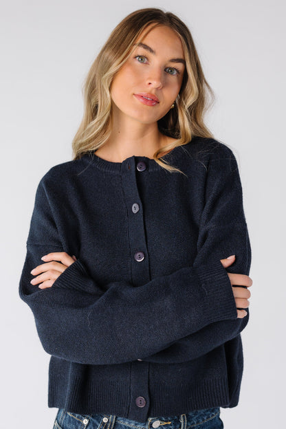 Modest women's navy cardigan with long sleeves