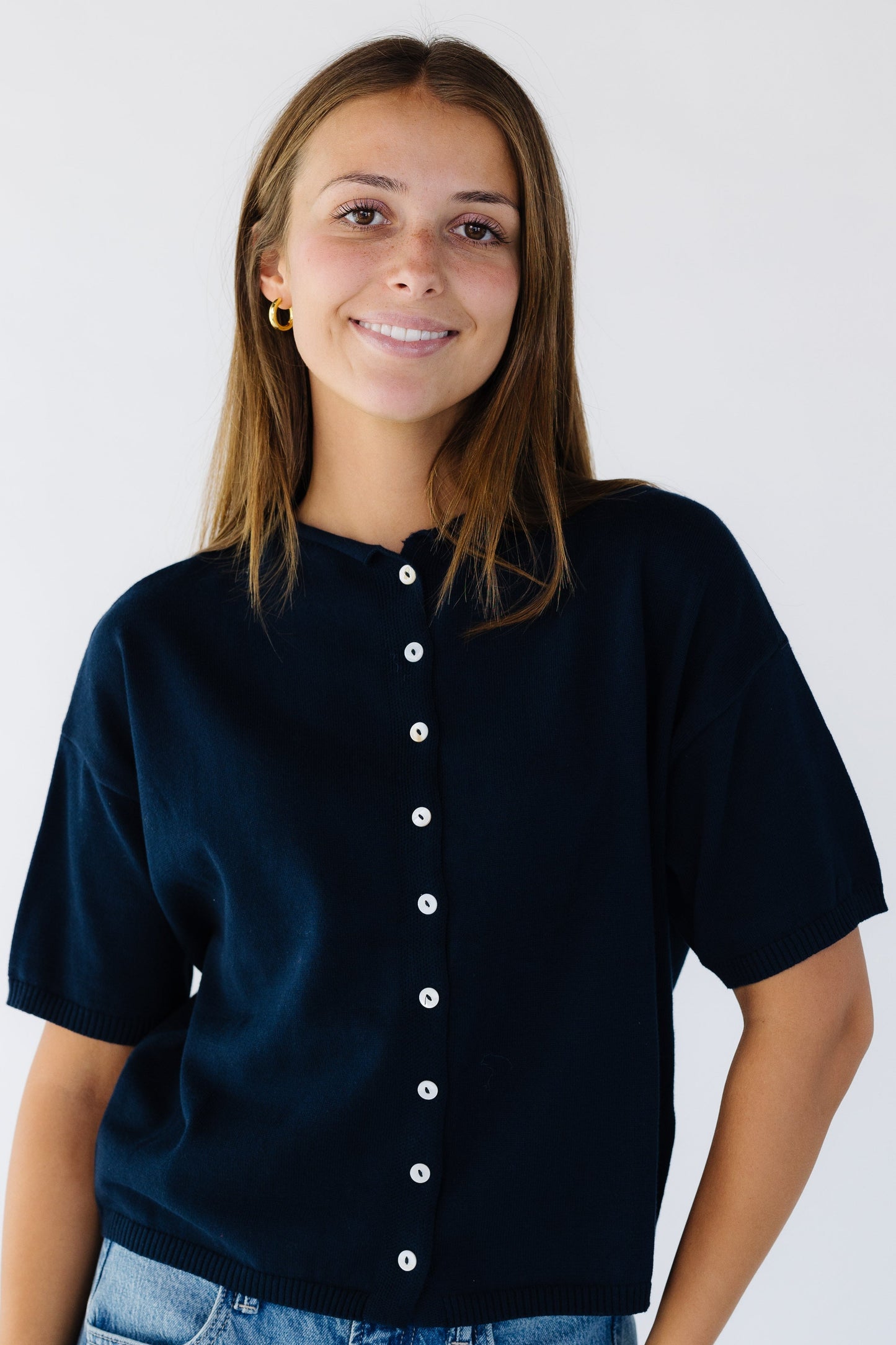 Lucy Short Sleeve Cardigan in dark navy for women and teen girls.