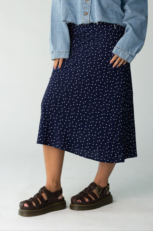 Brass & Roe The Ellie Midi Skirt for women and teens in navy polka dot