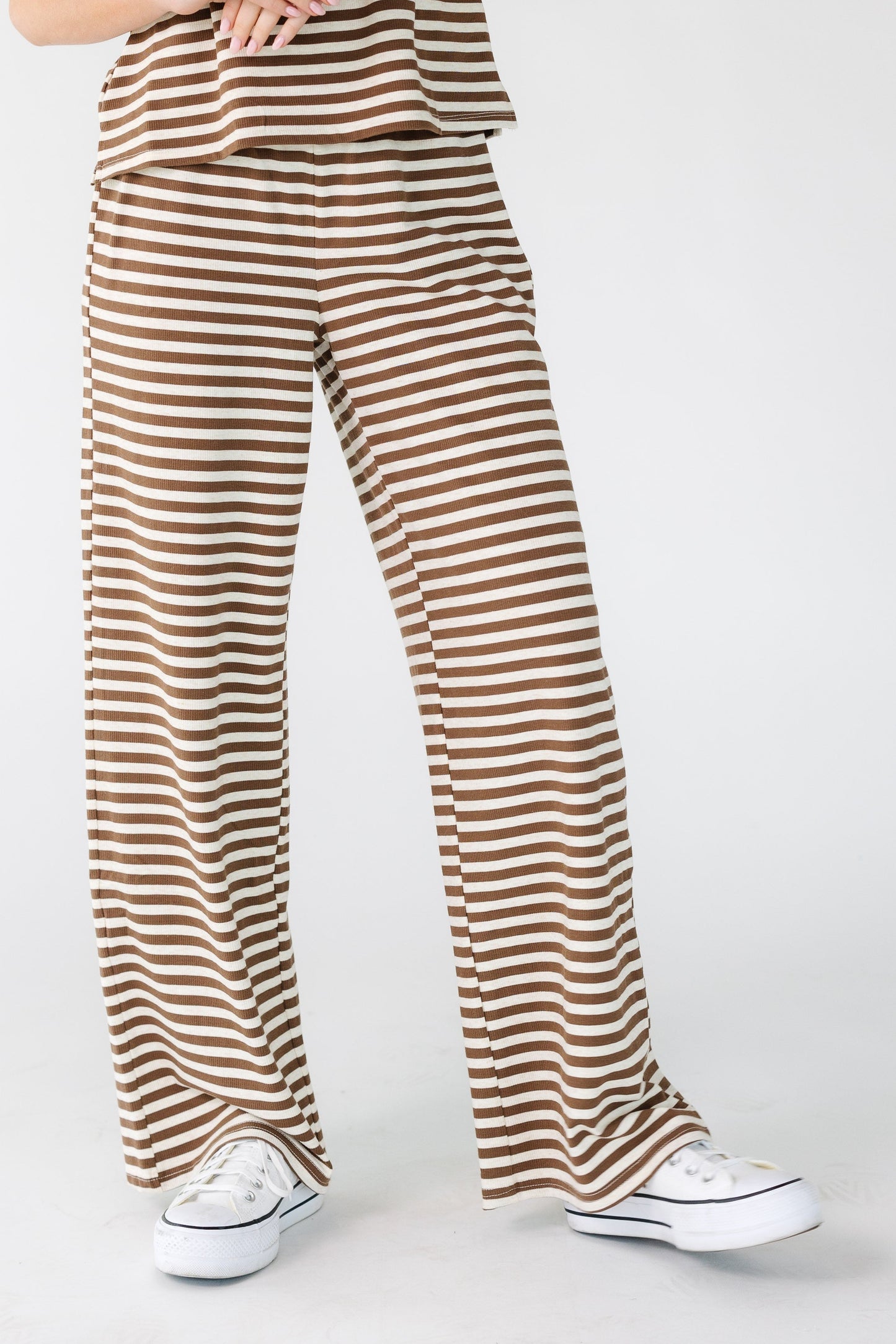 Straight Fit Stripe Pants in brown and cream for women and teens.
