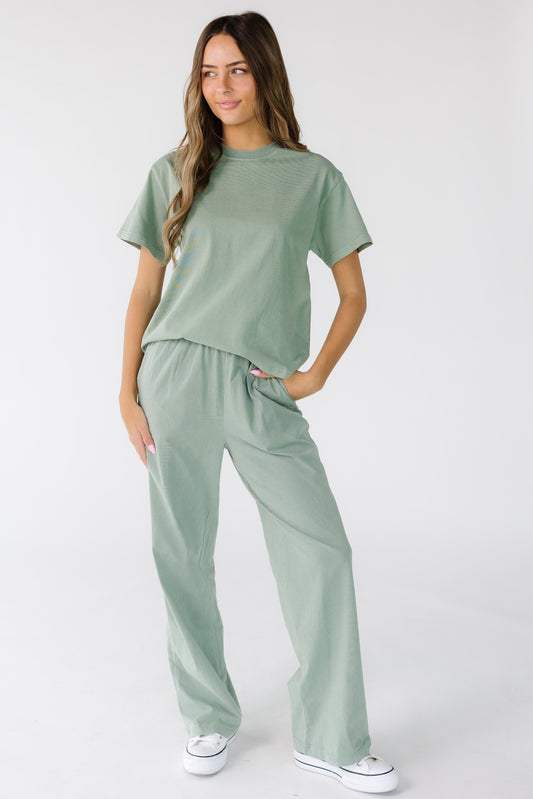 Washed Cotton Straight Pants in sage green for women and teens.