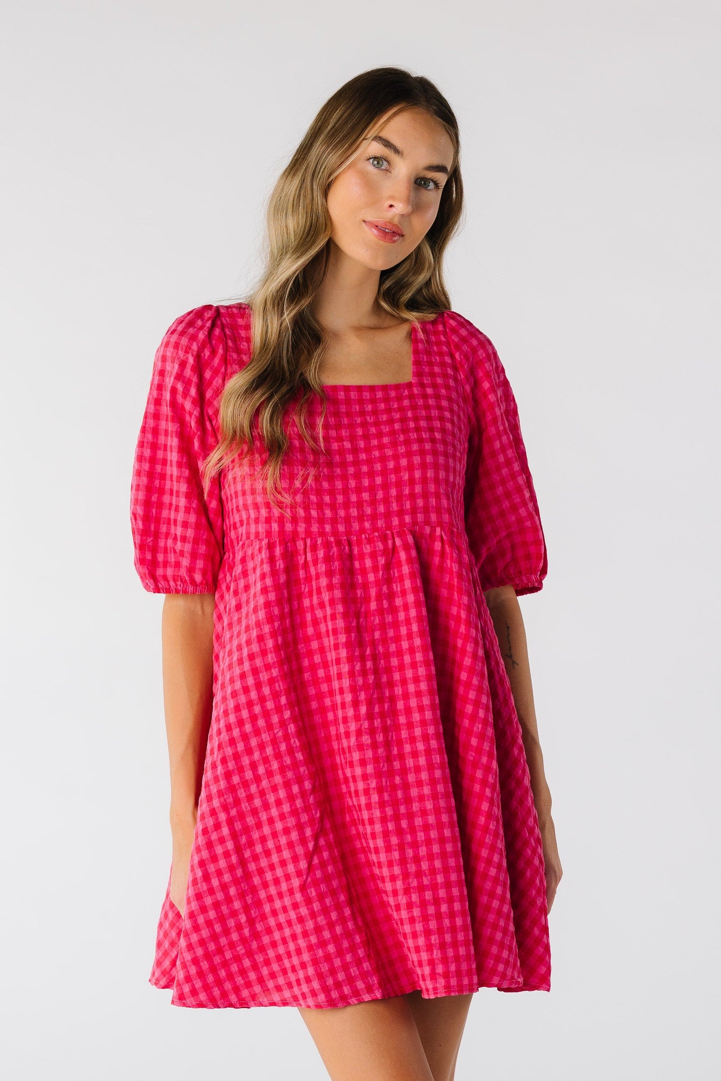 Brass & Roe Kate Gingham Knee Dress WOMEN'S DRESS brass & roe Red/Pink XS 
