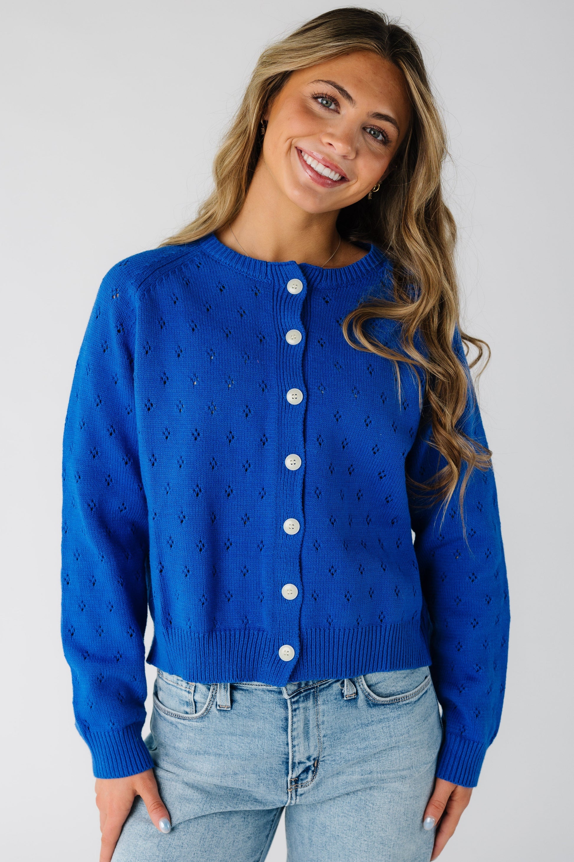 Cassidy Knit Eyelet Cardigan in royal for women and teens.