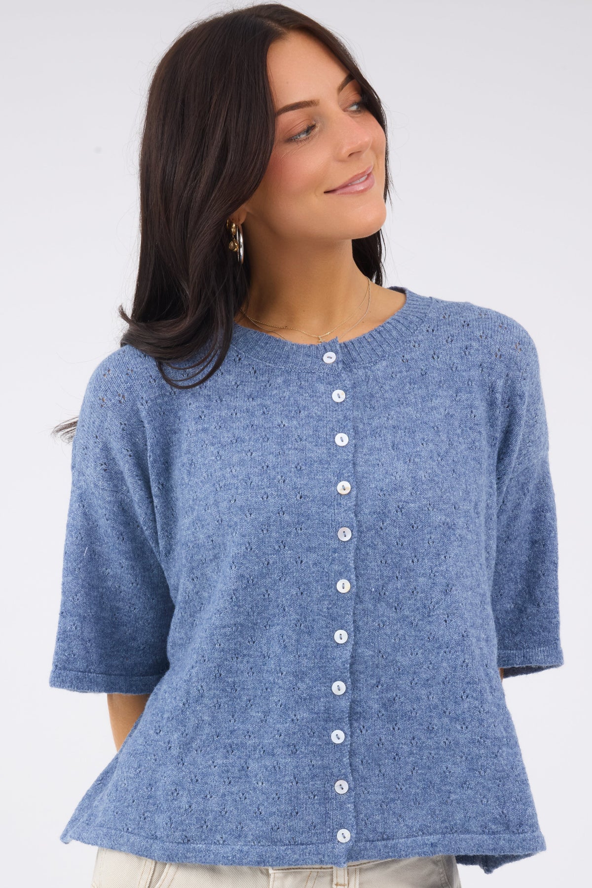 The Fran Pointelle Piper Cardigan in blue for women and teen girls.