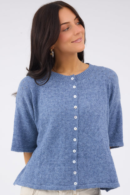 The Fran Pointelle Piper Cardigan in blue for women and teen girls.