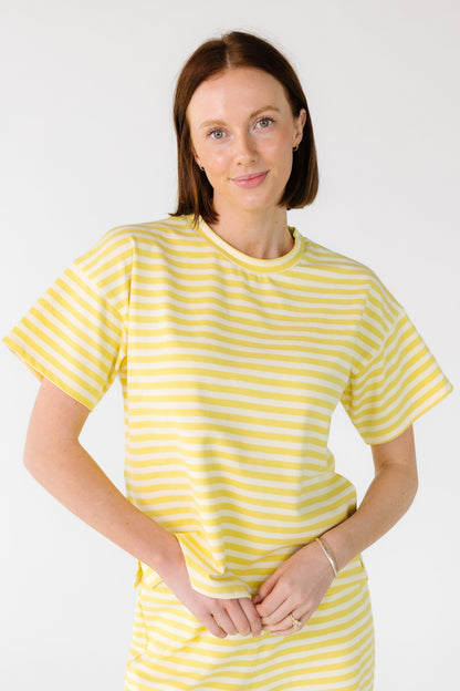Striped Short Sleeve Tee Shirt in yellow and white for women and teens.