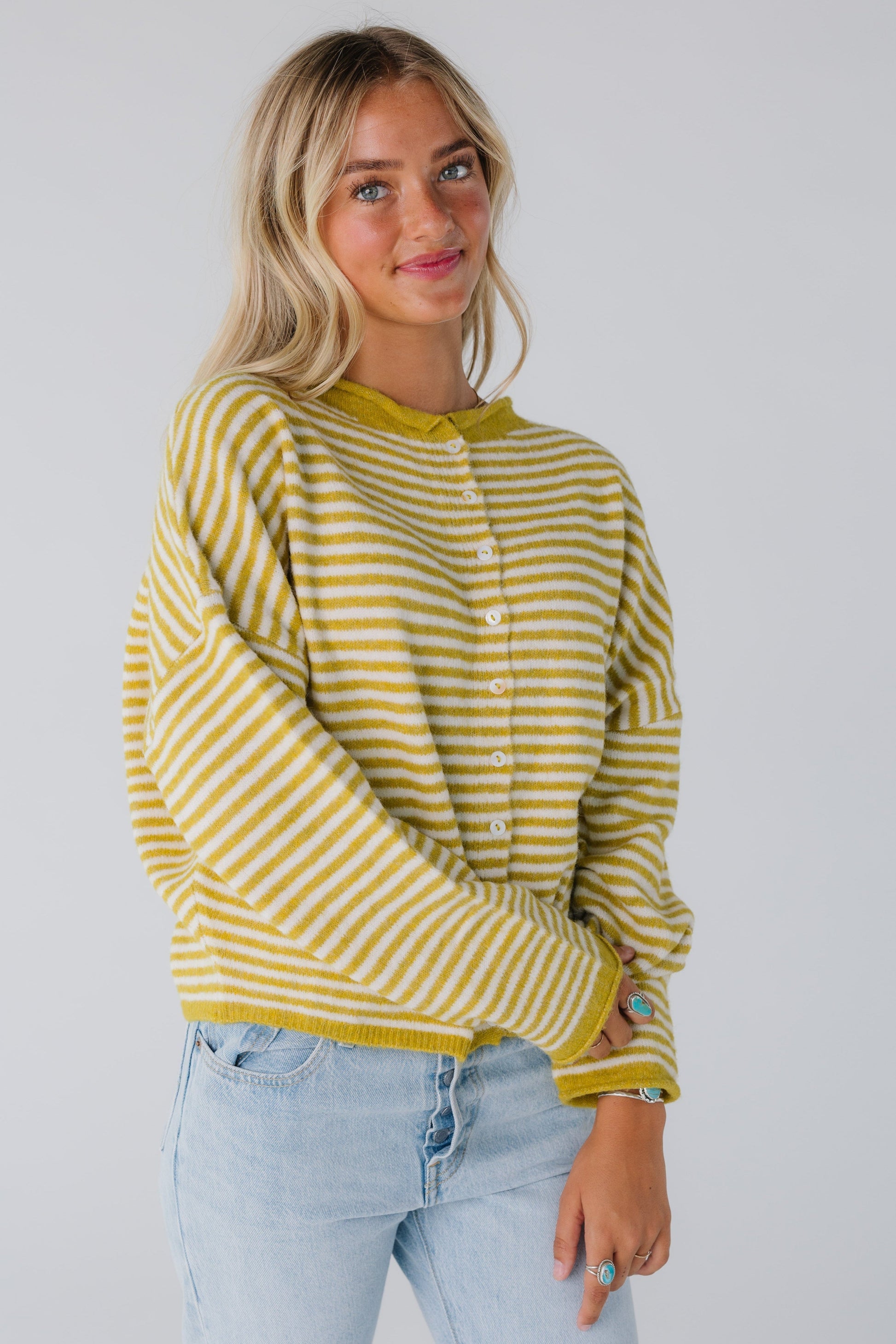 Aria New Stripe Cardigan for women in Dijon yellow