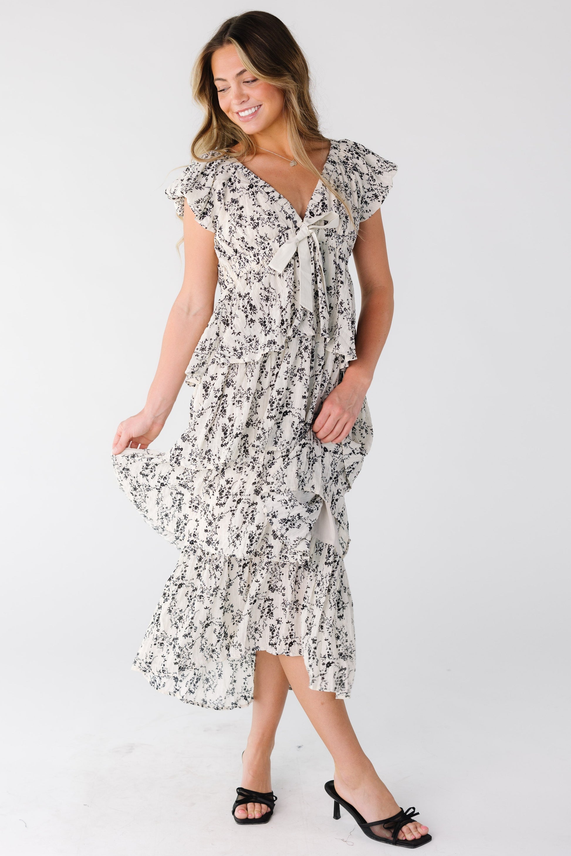 Modest women and teens white and black floral  print with V-neckline and short sleeves