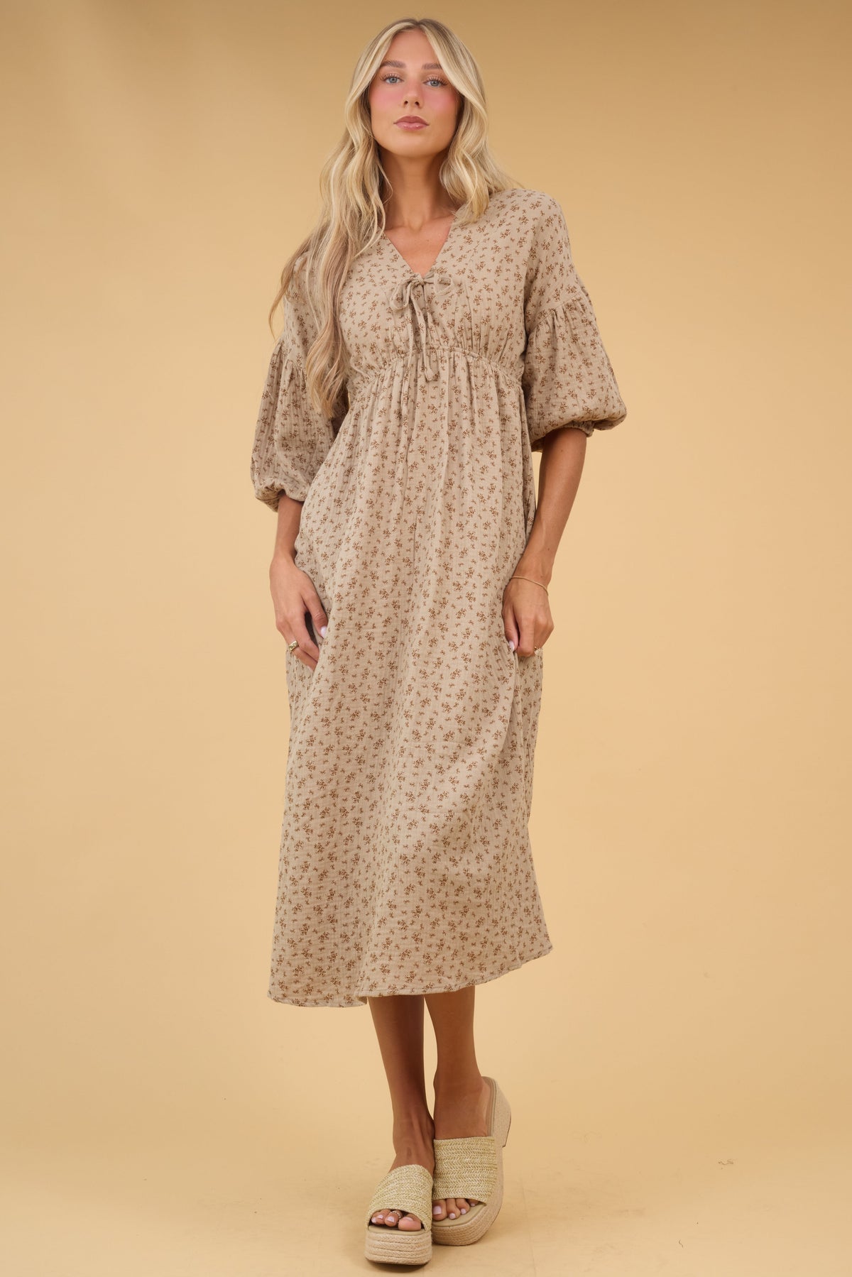 Brass & Roe Gauze Tie Front Dress in sage tan for women and teen girls.