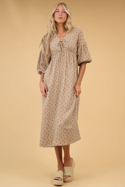 Brass & Roe Gauze Tie Front Dress in sage tan for women and teen girls.