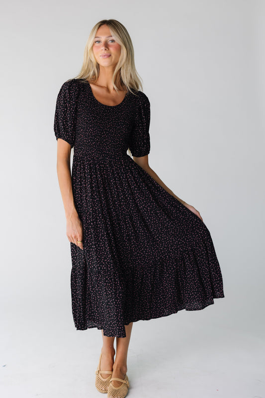 Brass & Roe Alison Midi Dress for women in black floral print